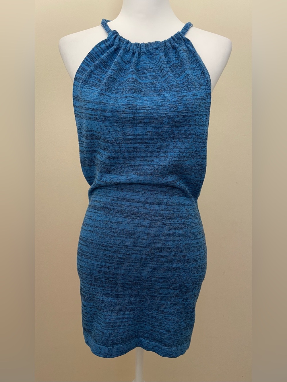 Blue Heathered Knit Halter Sheath Mini Dress, Size M